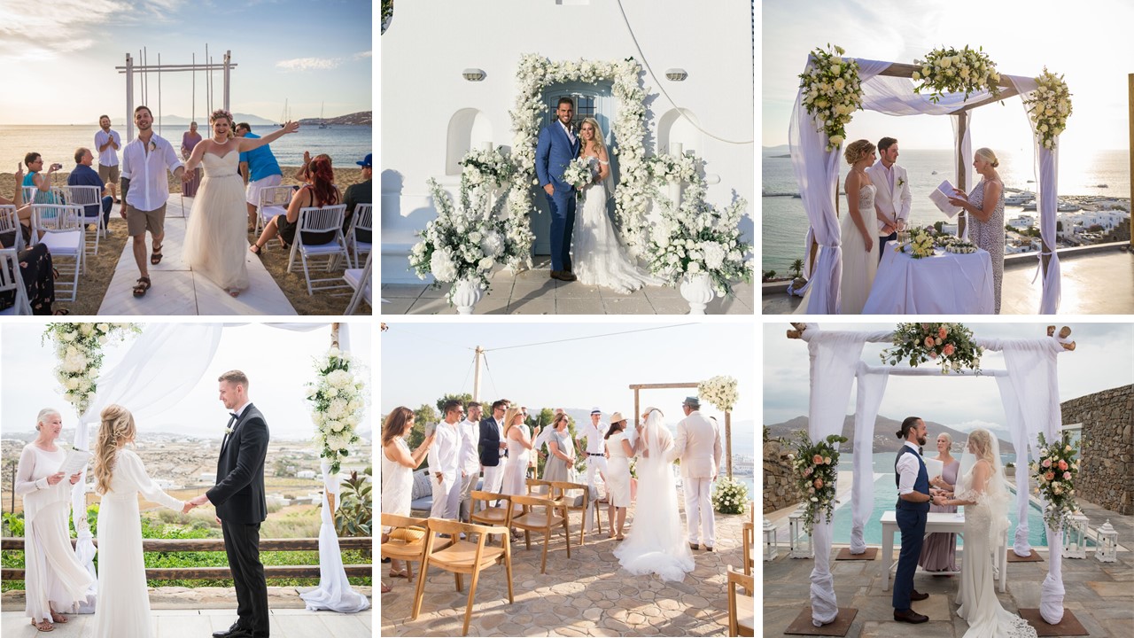 a collage of beautiful intimate wedding in Mykonos, designed from mykonos wedding packages