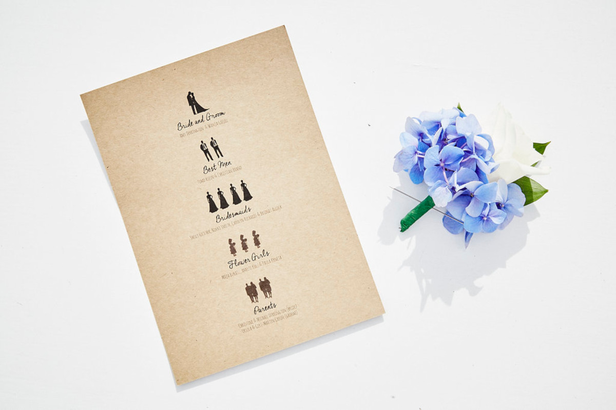 Elegant Wedding Program with Bridal Party Details and Blue Hydrangea Boutonniere | Mykonos Wedding Packages & Luxury Destination Weddings