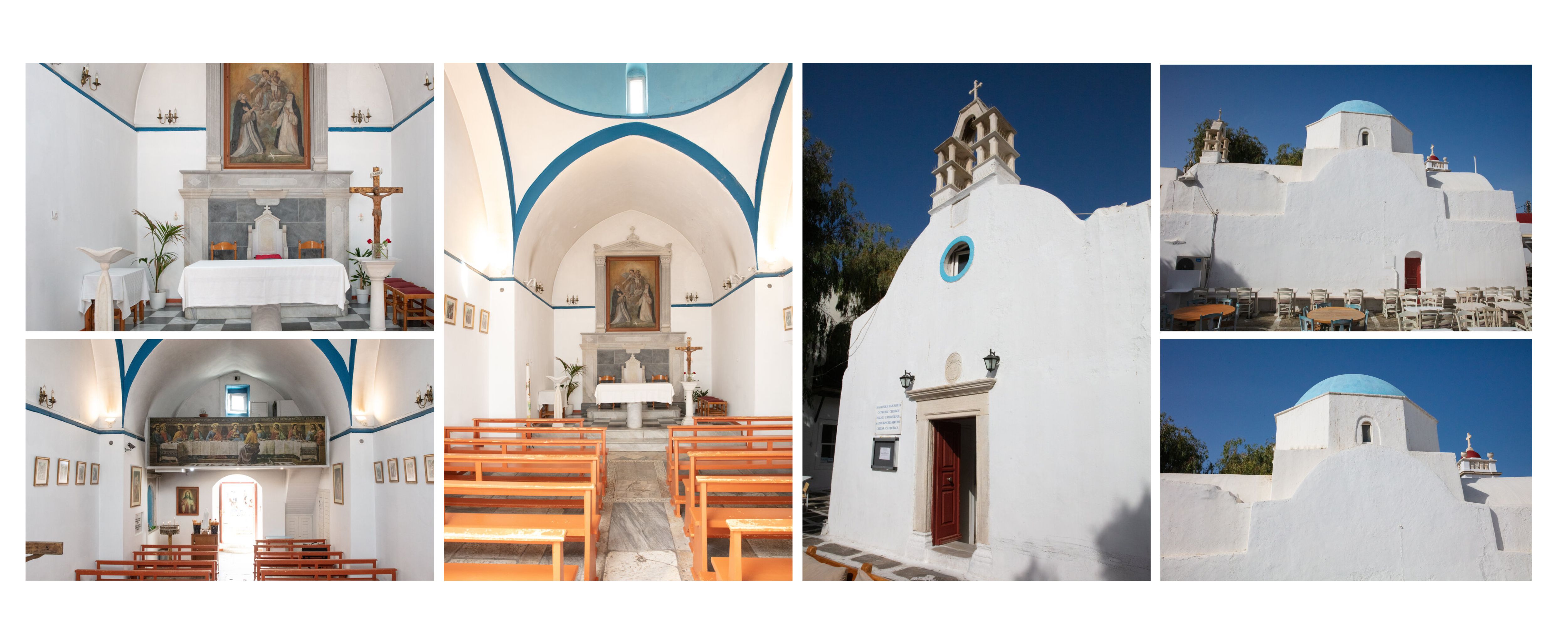 A collage of the white-washed Catholic church in Mykonos, interior featuring blue accents, wooden benches, and a serene exterior with a blue dome and dining area.