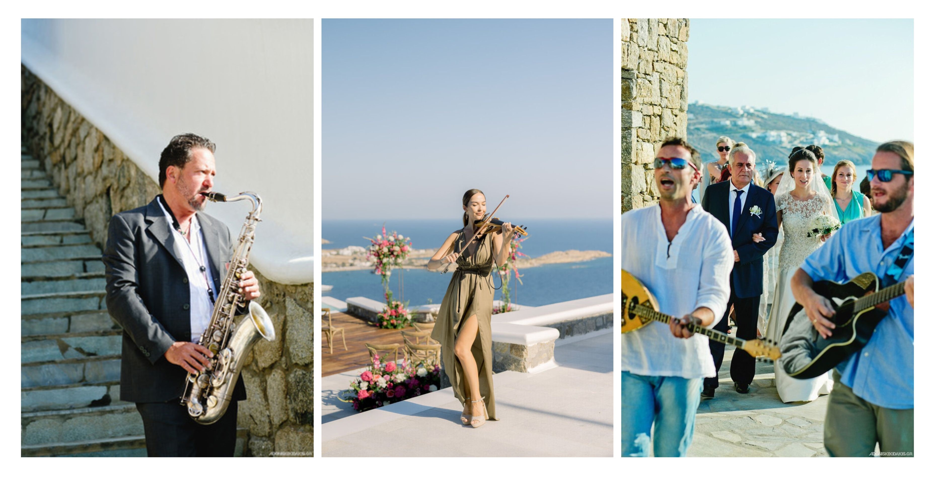 A saxophonist on steps, a violinist near floral decorations by the sea, and a wedding procession in Mykonos with musicians on a scenic backdrop.